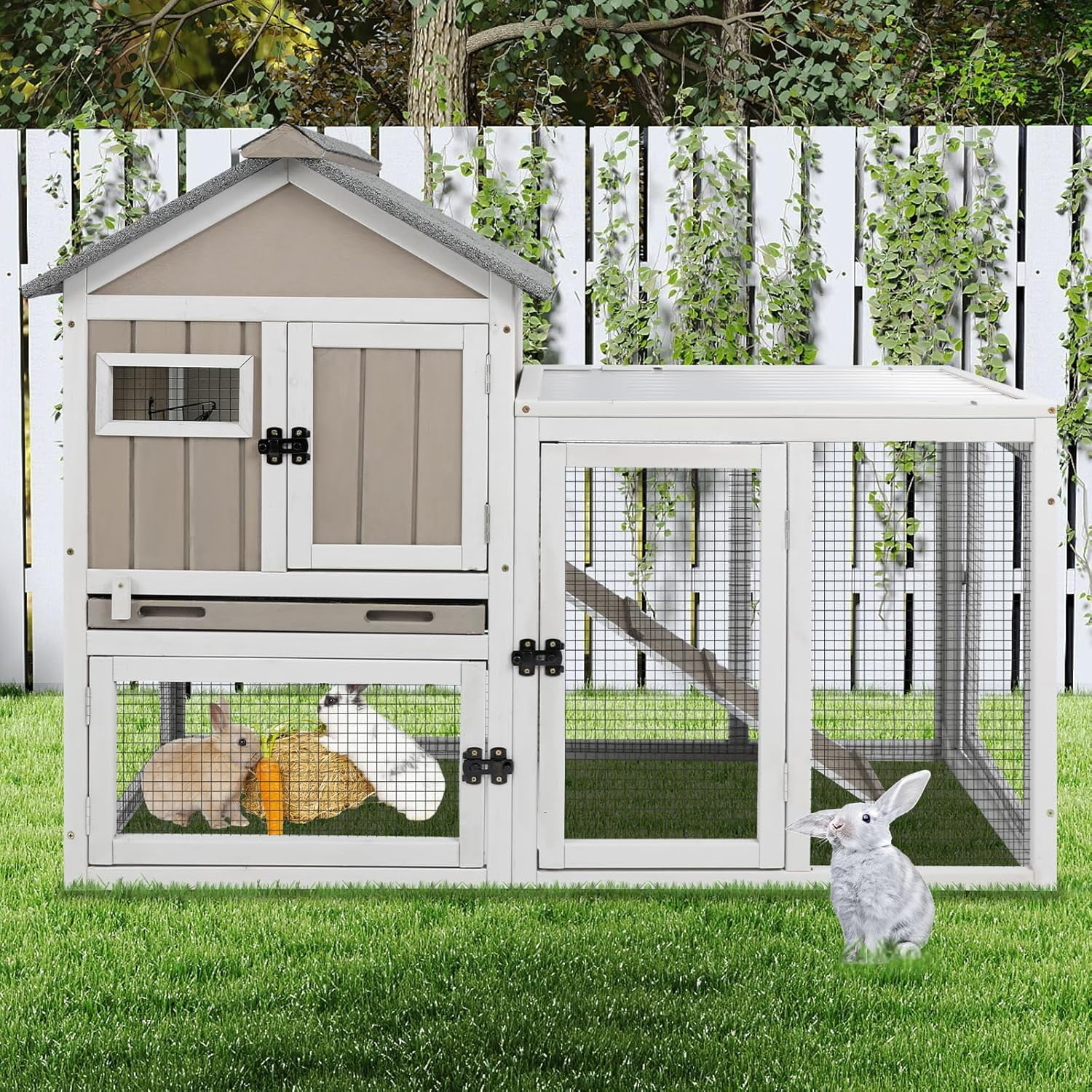 48" L 2-Story Rabbit Hutch, Chew-Resistant Ramp, Expandable | Wooden Bunny Cage, Guinea Pig Cage with Deep Pull-Out Tray and Roof Panel for Small Animals, Indoor and Outdoor Use