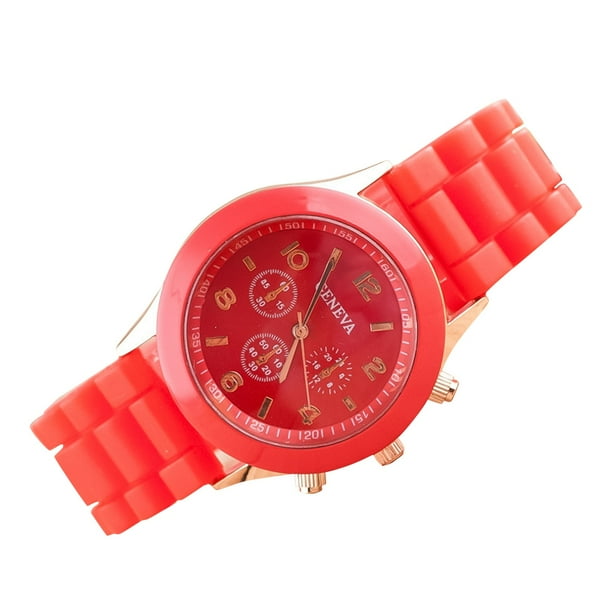 Elegante reloj analógico de cuarzo con correa de silicona roja para mujer de Ginebra, detalles en tono dorado y aspecto de cronógrafo