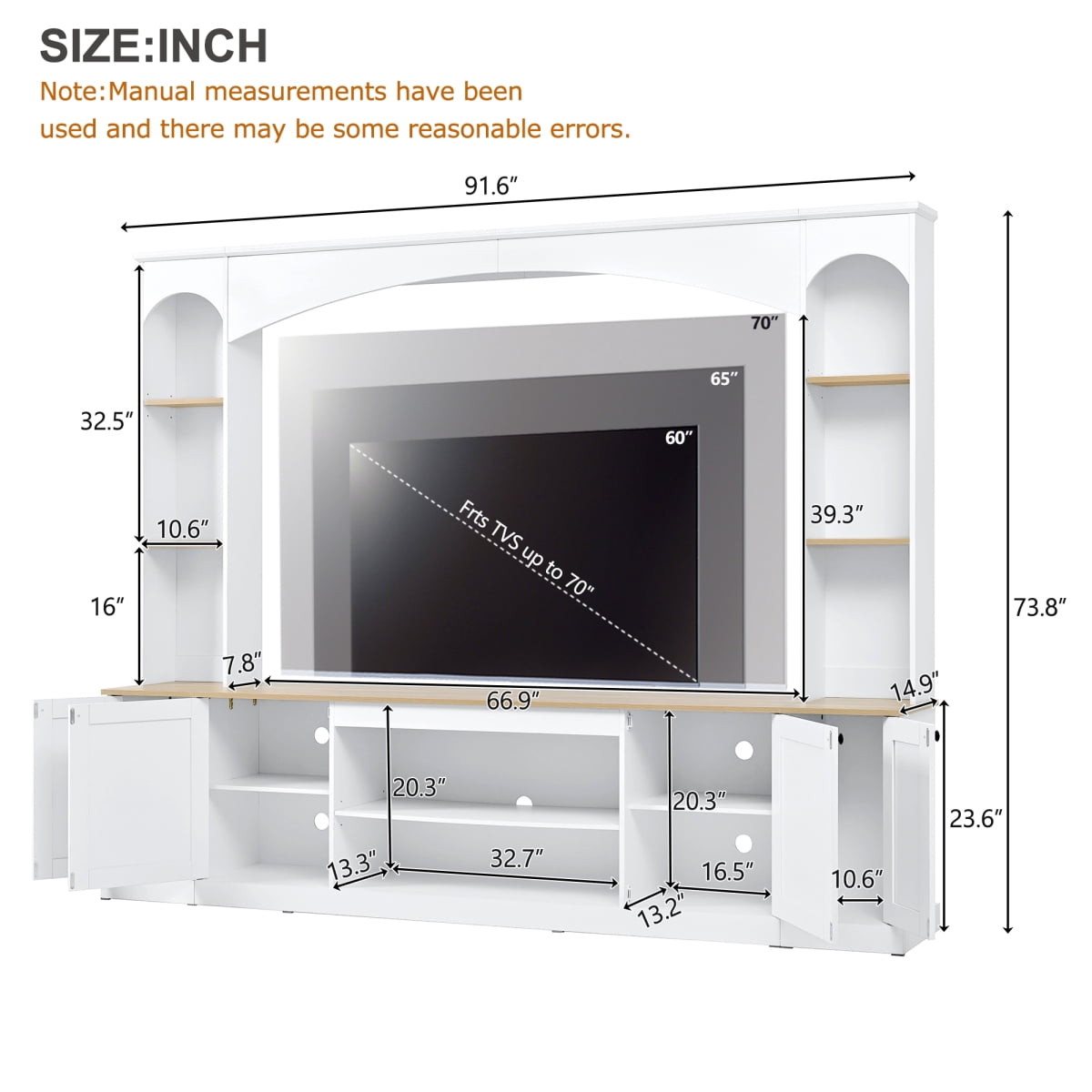 Luckynote Farmhouse TV Stand, Entertainment Center with Bookshelf, Arched Design Wood Grain for 70" TVs, 91 Inch Media Console with Adjustable Shelves, White