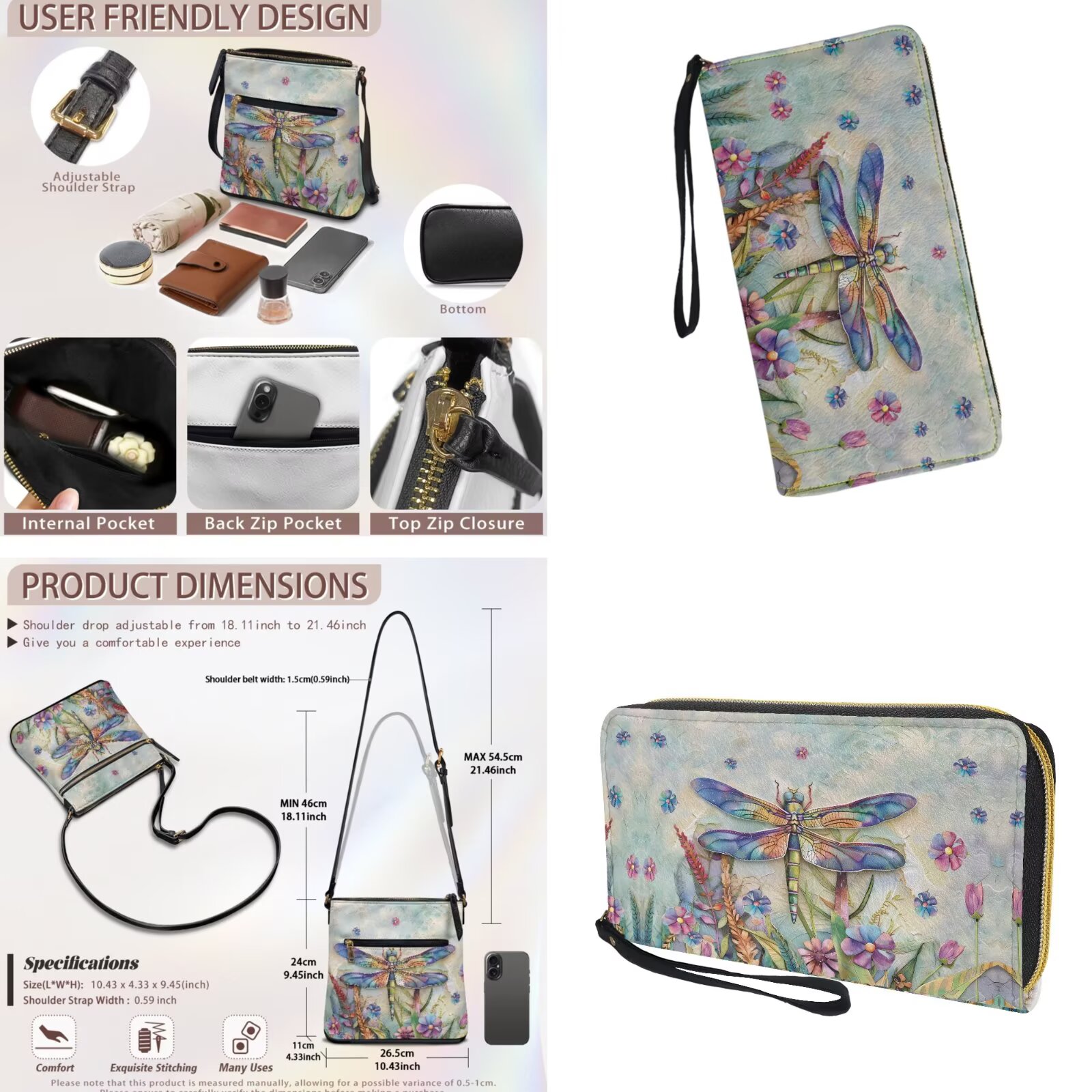 ZUXONGSY Painted Glass Dragonfly Floral Print Women's Leather Crossbody Bag and Matching Wallet Set, Satchel Hobo Purse with Multi-Pockets, Adjustable Shoulder Strap