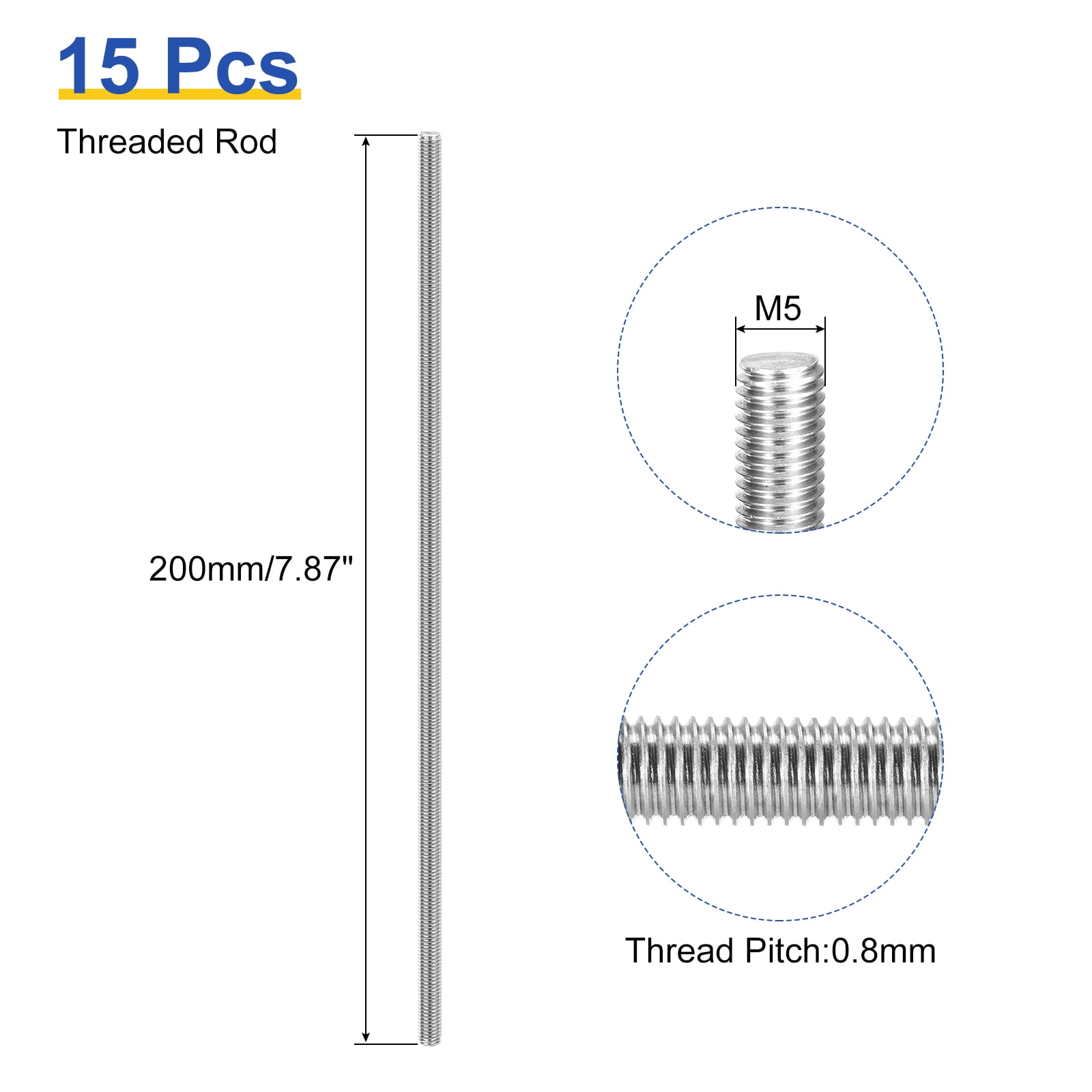 Uxcell 15Pack M5 x 200mm Fully Threaded Rod Right Hand Threads, 0.8 Thread Pitch