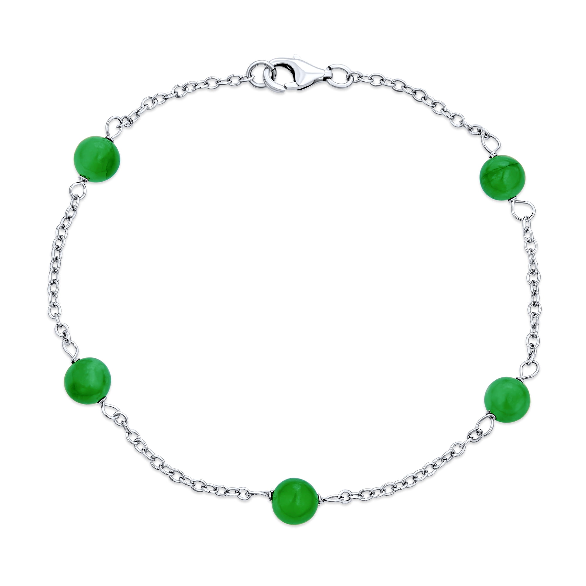 Bling Jewelry Womens Tin Cup Green Jade Gemstone Round Bead Ball Bracelet Sterling Silver 8"