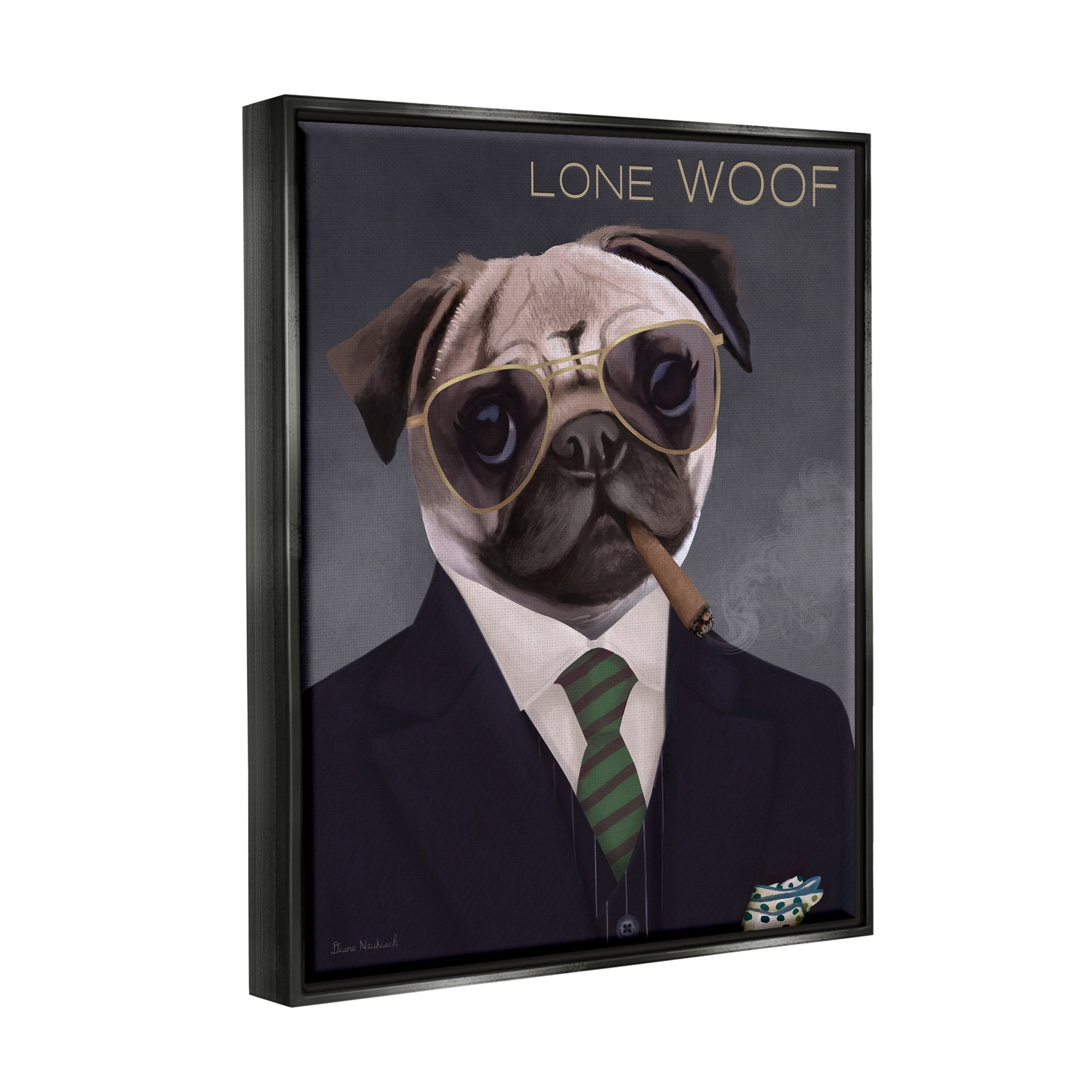 Stupell Industries Lone Woof Pug Dog Smoking Cigar Necktie Graphic Art Jet Black Floating Framed Canvas Print Wall Art, Design by Diane Neukirch