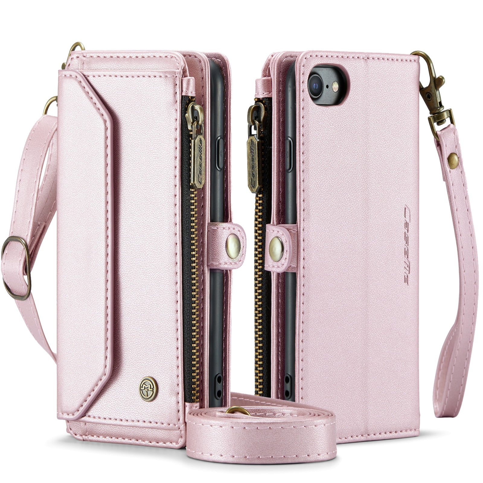 ShellTech Crossbody Wallet Women Men Case for iPhone 7/8/SE 2nd/3rd Gen,Magnetic Leather Flip Case RFID Blocking 7-Card Holder Zipper Wallet Cash Pocket Stand Cover with Shoulder Wrist Strap,Pink