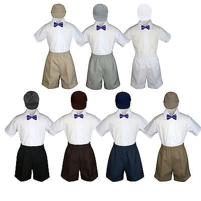 4pc Set Boy Toddler Formal Turquoise Vest and Bow tie White Khaki Shorts S-4T