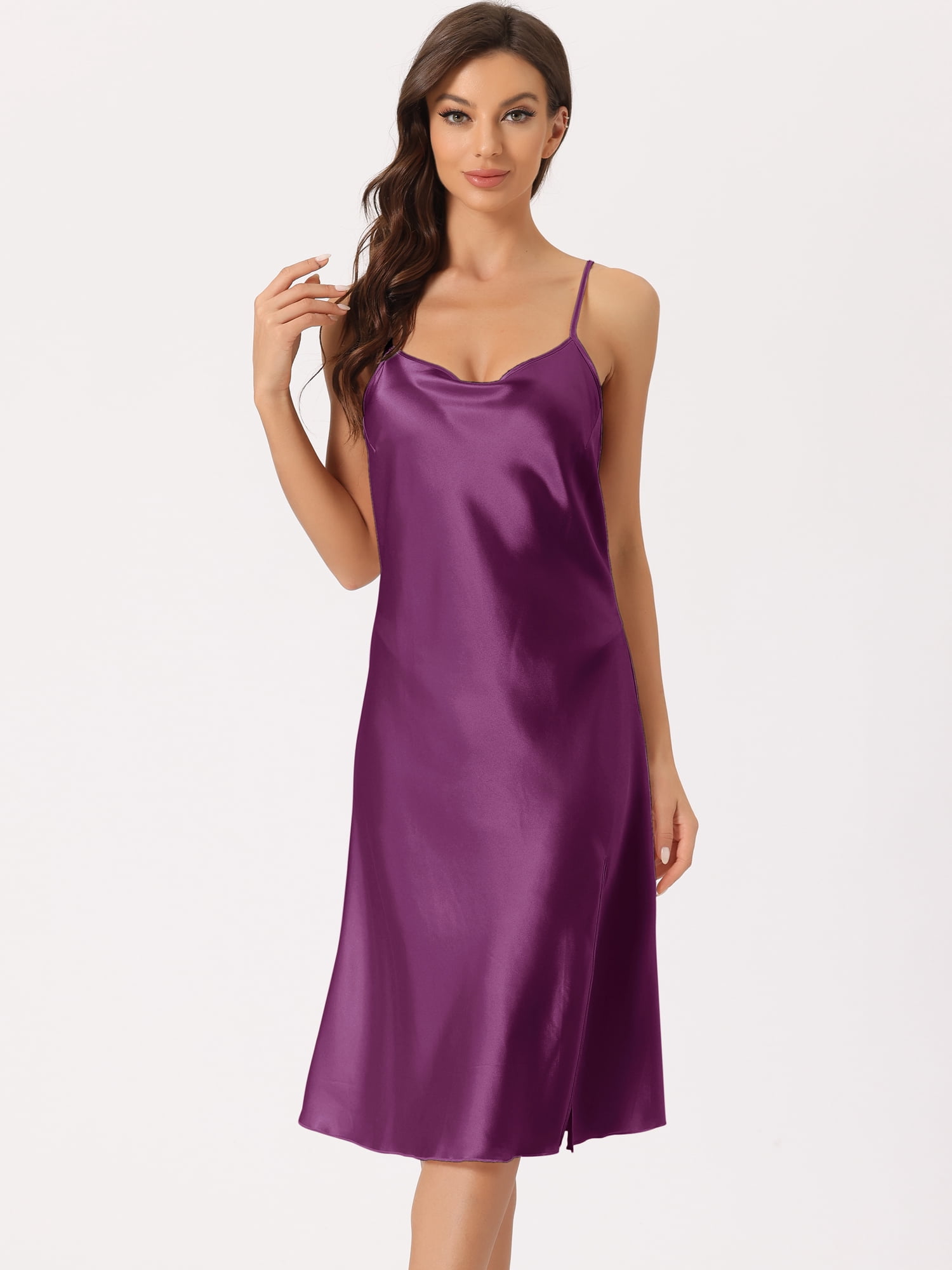 DARING DIVA Women's Satin Sleeveless Backless Slit Silky Midi Nightgown XS Purple