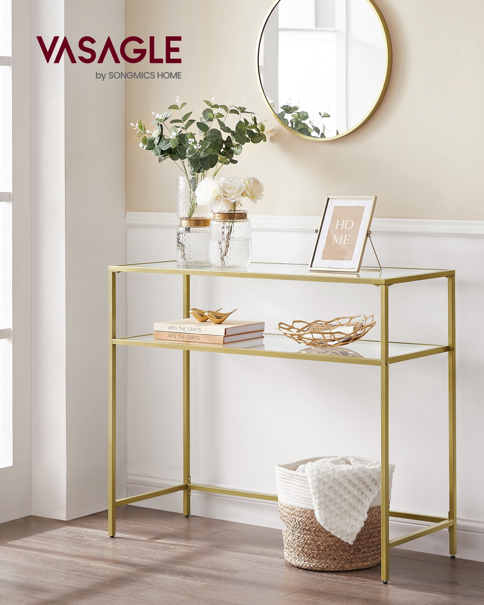 VASAGLE Mesa de Consola, Mesa de Entrada, Marco de Metal, Extremo del Sofá, Tablero de Vidrio Templado, Patas Ajustables, para Salón, Entrada, Pasillo, Dorado y Transparente
