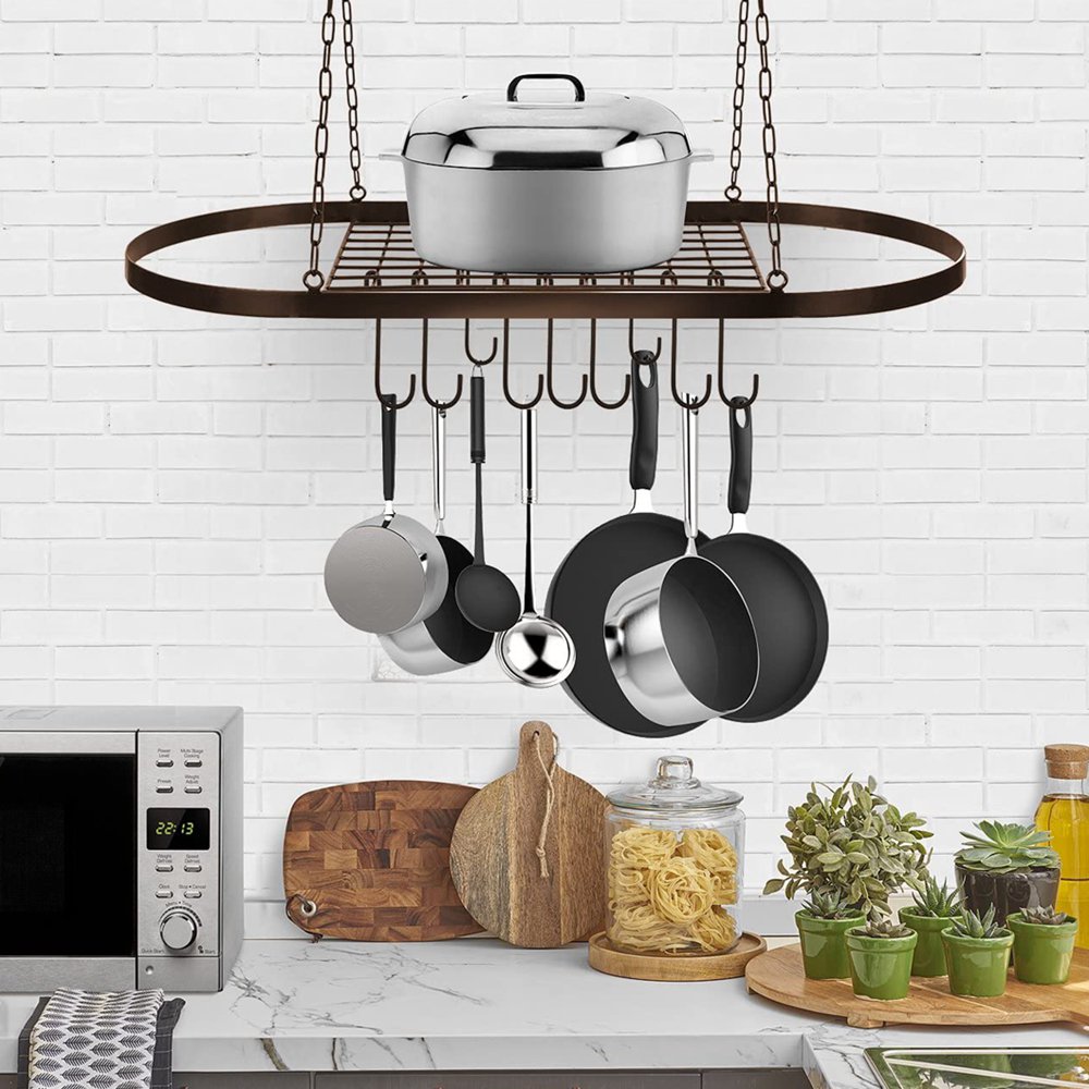 32'' Black/Broze Kitchen Wall Mounted Pot Pan Rack for Ceiling with 10