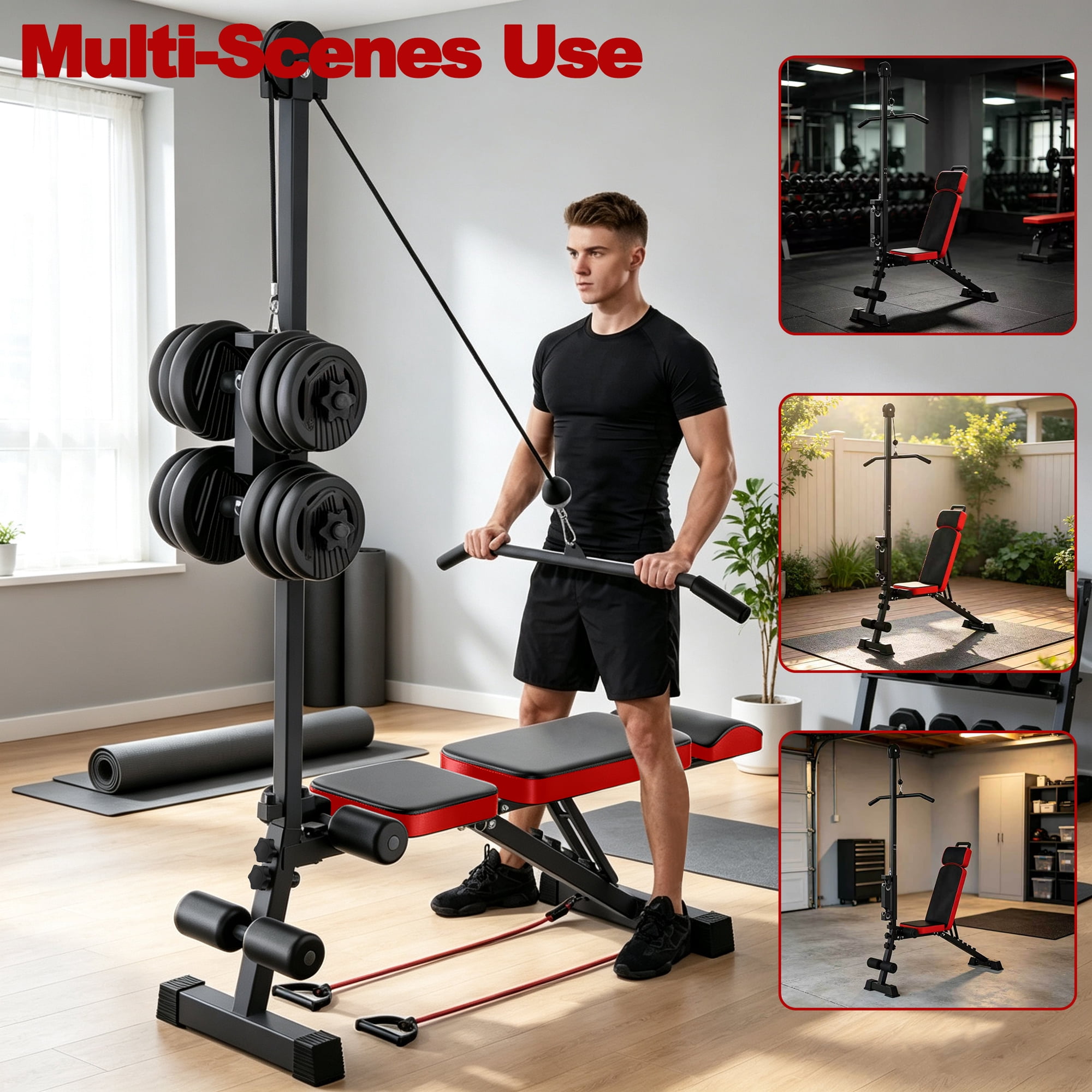 Weight Bench with Pulley System and Adjustable Backrest, Multi-Functional Home Gym Workout Bench and Strength Training Equipment, Black