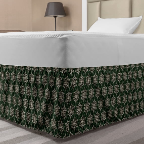 Vintage Bed Skirt, Bicolor Abstract Design with Floral Motifs Timeless Retro Illustration, Elastic Bedskirt Dust Ruffle Wrap Around for Bedding Decor, 4 Sizes, Emerald Beige, by Ambesonne
