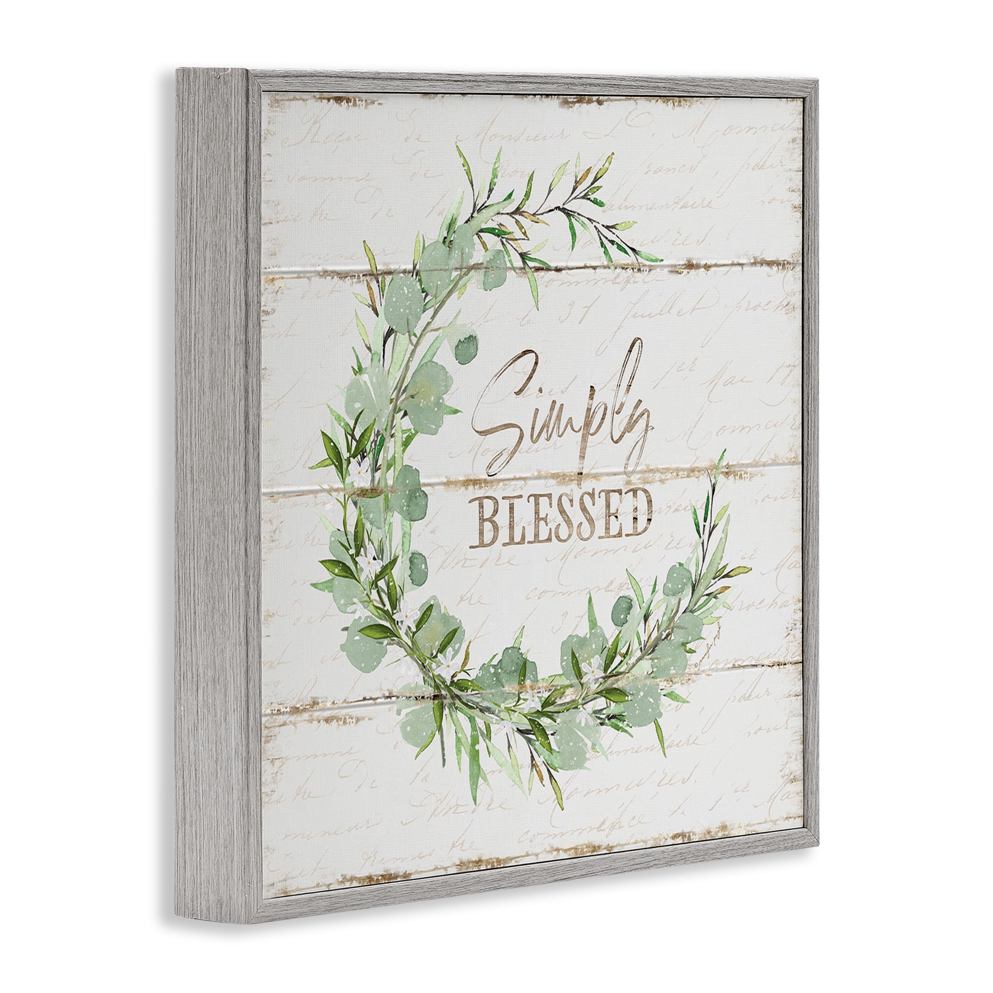 Stupell Industries Simply Blessed Rustic Wreath Typography Painting Gray Framed Art Print Wall Art, 24 x 24