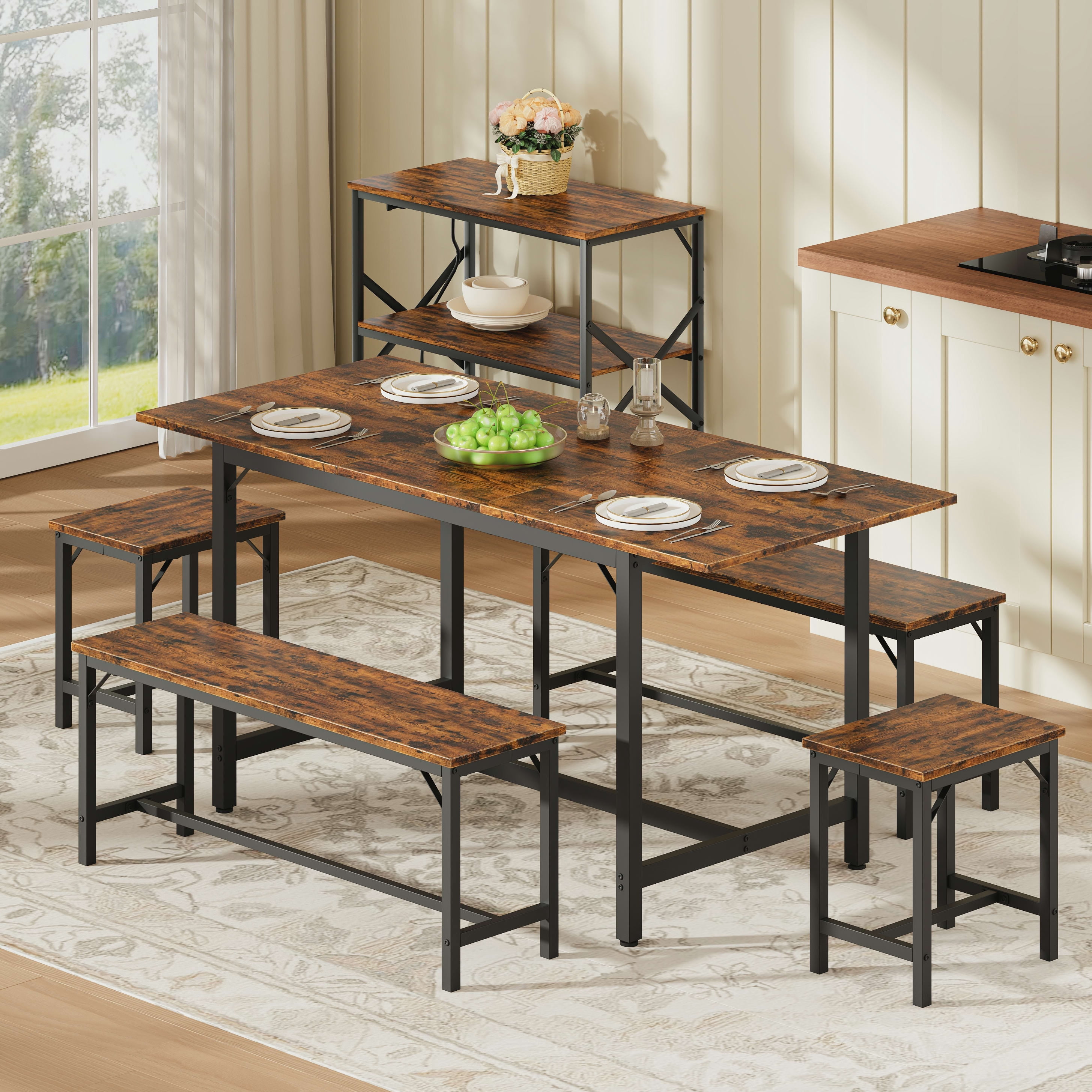 Aukfa 63" Extendable Dining Table Set for 4-8, 3-Piece Kitchen Table Set with 2 Benches & 2 Stools, Space Saving Wood Table & Metal Frame,Brown