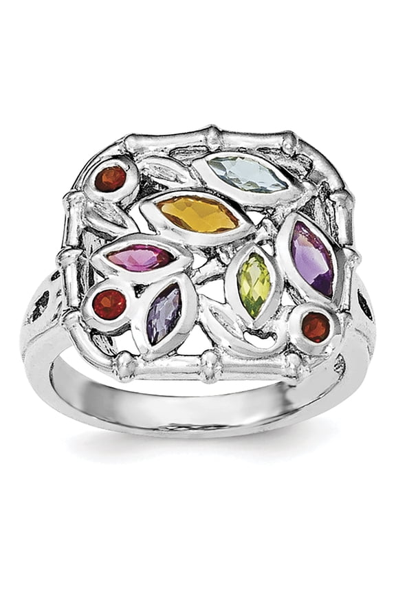 Sterling Silver Rhodium-Plated Multi Gemstone Ring (Size 6) Made In Thailand qr6404rb-6
