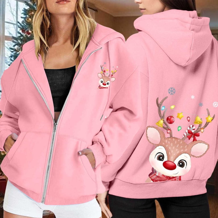 Bainana Christmas Zip Up Hoodies For Women Reindeer Print Hooded