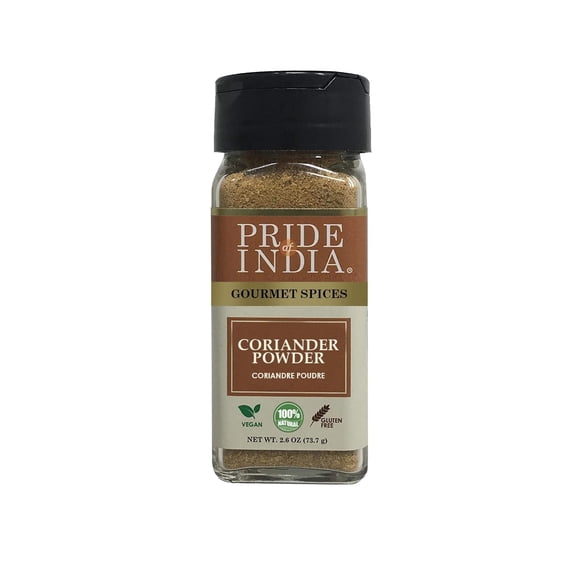 Pride of India – Coriander Seed Ground – Authentic Indian Spice – Freshly Packed Gourmet Spice – Must Ingredient in Indian & Middle Eastern Cuisines – Easy to Use – 2.6 oz. Small Dual Sifter Jar