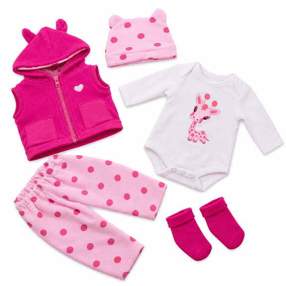 Doll Clothes Set for 17–20 Inch Dolls, Giraffe Bodysuit with Pink Vest, Pants, Hat and Socks