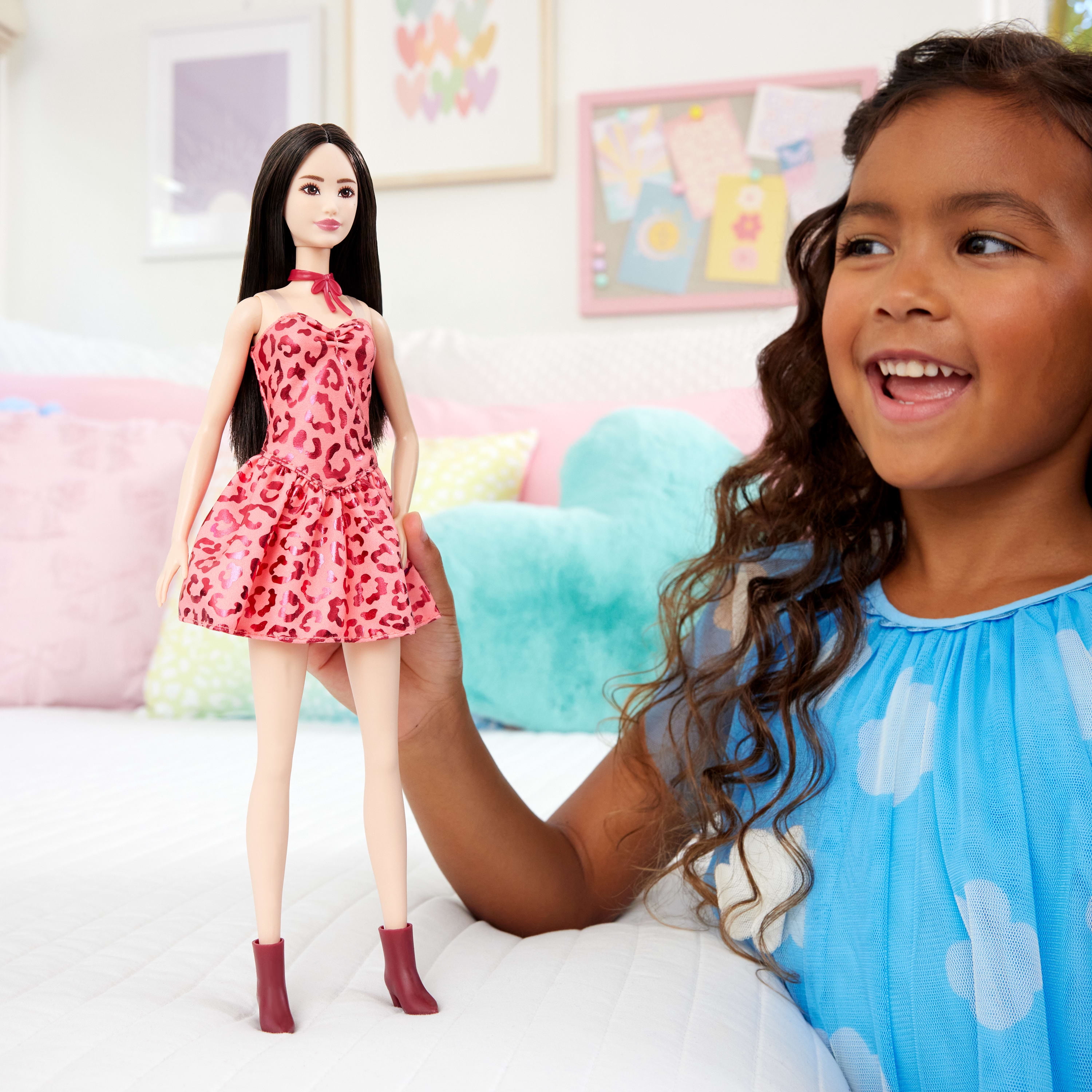 Barbie Fashionistas Doll #246 with Pink Leopard Print Dress, Black Hair