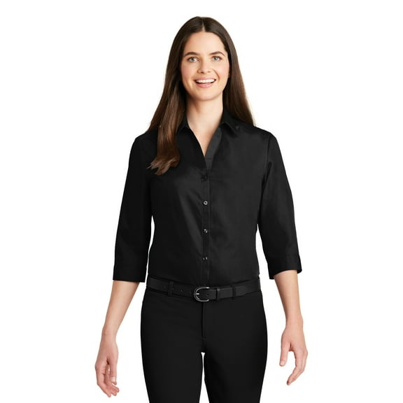 Port Authority Ladies 3/4-Sleeve Carefree Poplin Shirt Lw102 Deep Black XL