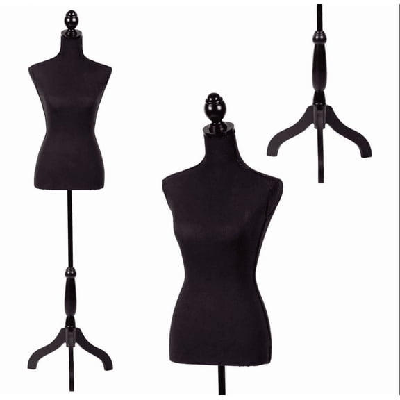 Female Torso Mannequin Dress Form with Height Adjustable Wooden Stand, Black, 1