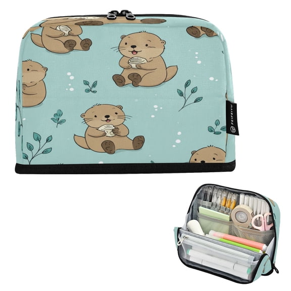 Standing Pencil Case with Base Large Capacity Stationery Pouch Pen Bag with Zipper for Women Men Cute Otter Pattern
