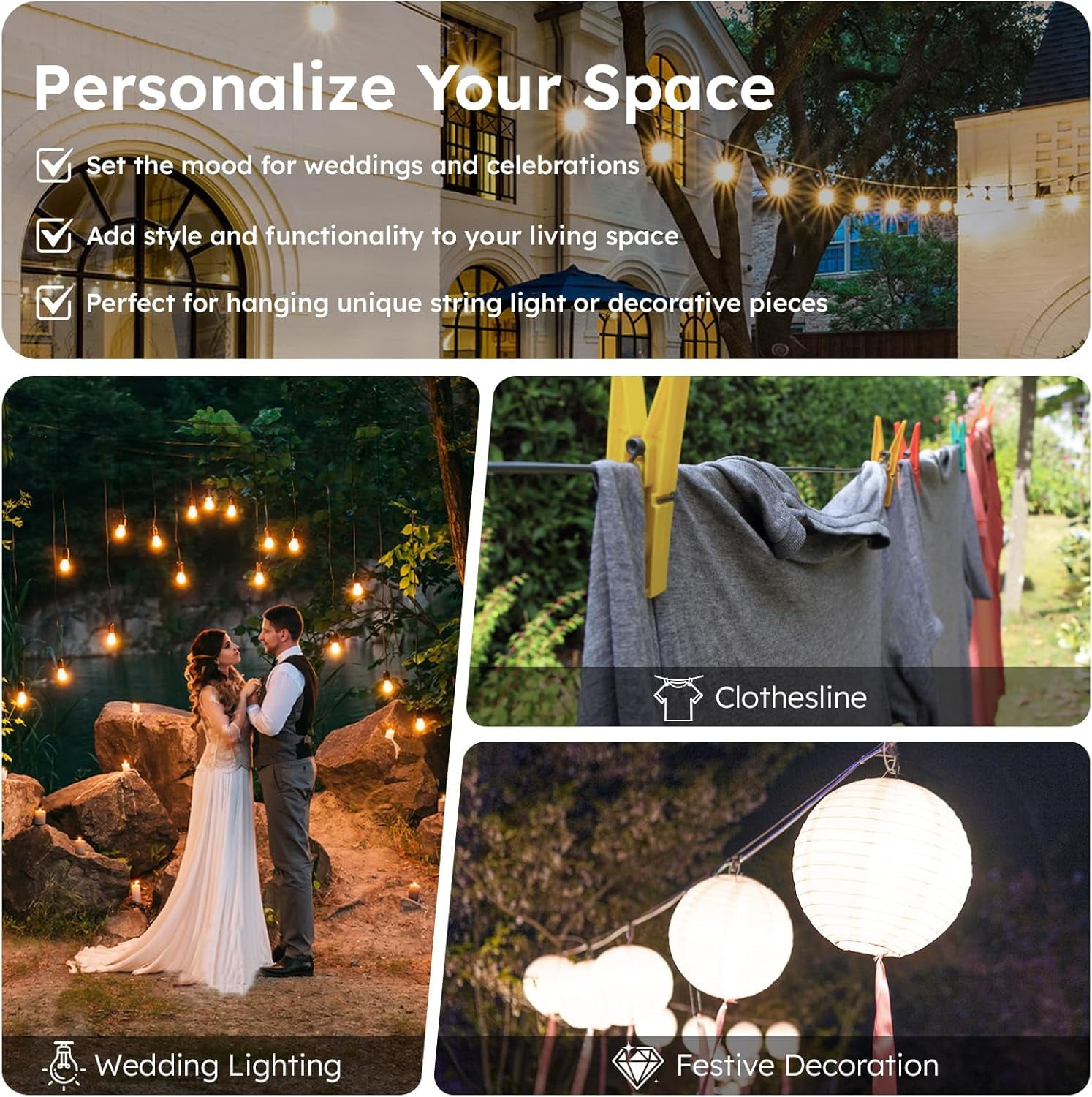 String Light Hanging Kit with 164FT Vinyl Coated Stainless Steel 304 Wire Rope Suspension Kit Included Enough Accessories with Turnbuckles and Hooks for Patio, Garden and Wedding Lighting