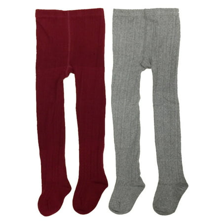Burgundy and Gray Cotton Diamond Weave Knit Tights for Girls (Set of 2), 6-8