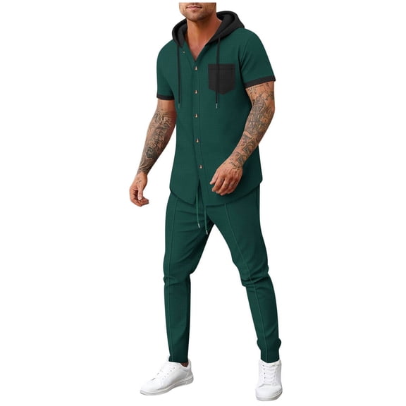 Mrmaere Men's V Neck Scrub Set Short Sleeve Pants 2 Piece Button Closure Tailored for Clinical Army Green L
