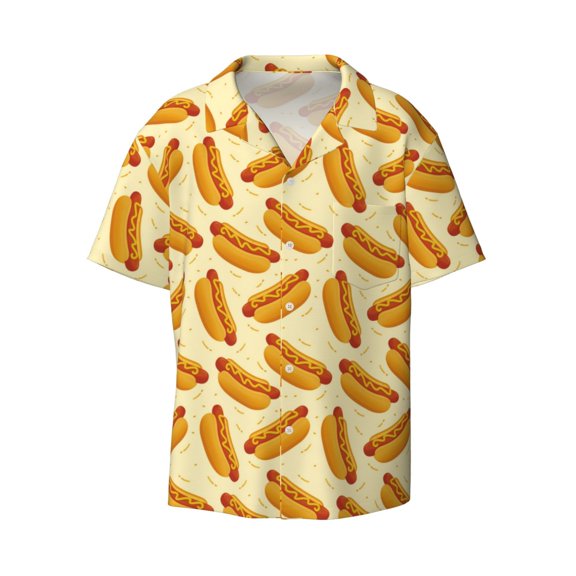 Kuqiui Hot Dog 3 Print Men's Button Down Shirts Short Sleeve Casual Shirts Hawaiian Shirts Vacation Wedding Shirts with Pocket-Medium
