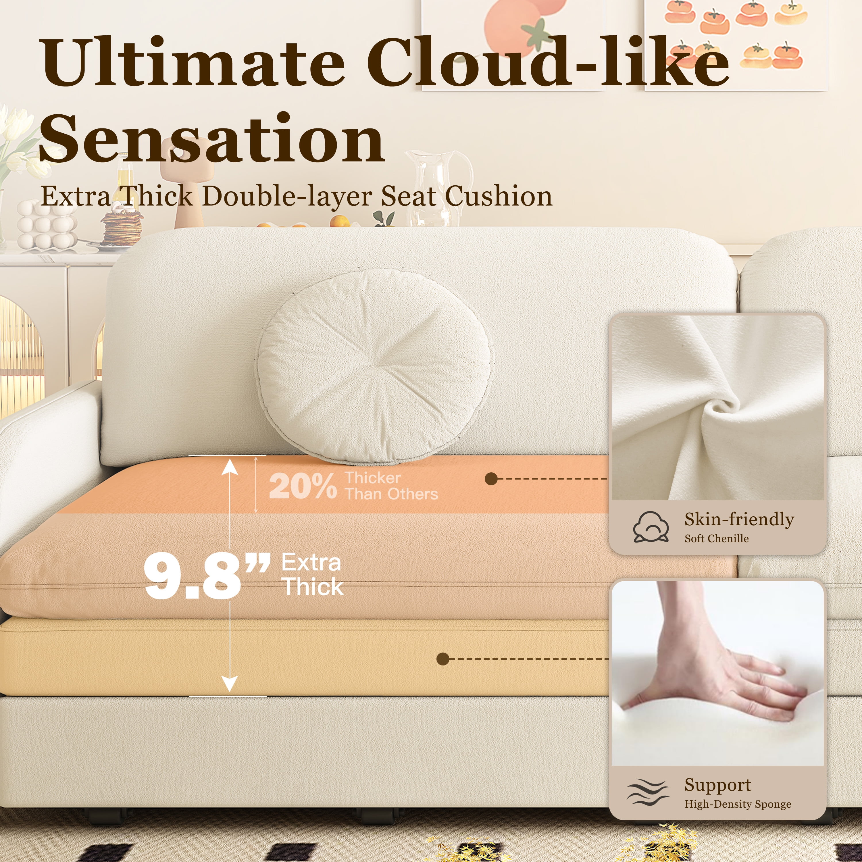 LLappuil Pull Out Sofa Bed King Size, Loveseat Sofa Covertible Sofa Bed, Chenille Sofa Couch with USB Port, Side Pocket for Living Room Beige