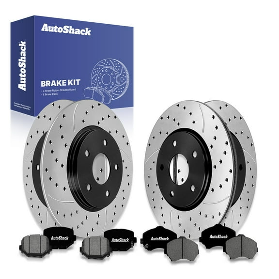 AutoShack Front Vented & Rear Solid Drilled & Slotted E-Coated Brake Rotors   Premium Ceramic Pads 12-PC Brake Kit Replacement for 2012-2016 Dodge Grand Caravan 2012-2015 Ram C/V ShadowGuard