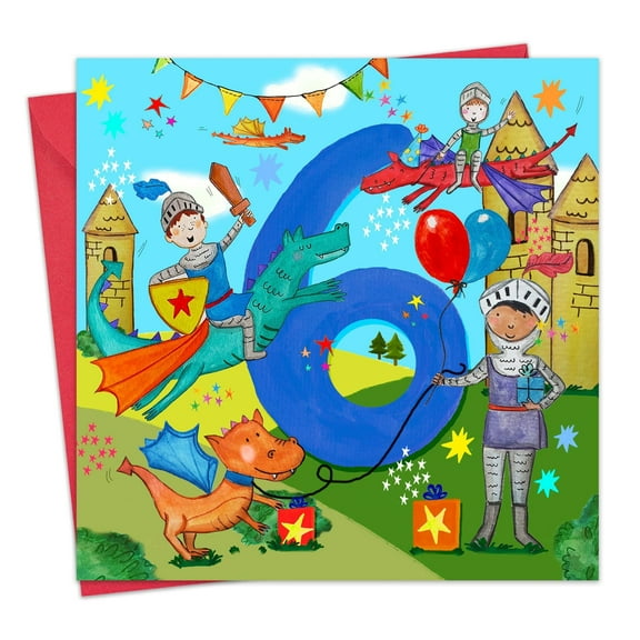 Twizler 6th Birthday Card for Boys - Knights & Dragons - Age 6 Year Old Childrens Happy Birthday Card for Kids