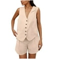 thumbnail image 3 of QATAINLAV Linen Sets for Women Sleeveless Button Down V Neck Vest Waistcoat and Shorts 2 Piece Outfits Business Casual Dressy Clothes, Beige, M, Mothers Day Gifts, 3 of 6