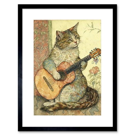 Street Musician Cat with Guitar by Flower Pattern Mural Pastel Watercolour Illustration Artwork Framed Wall Art Print 9X7 Inch