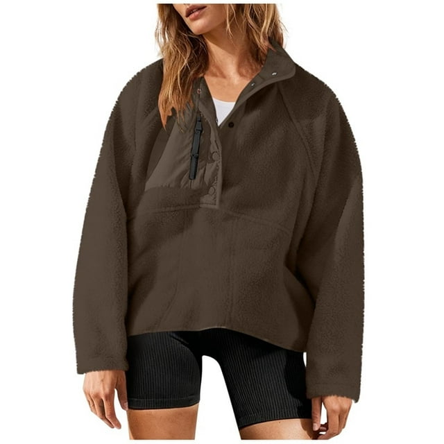 Ltctricy Women's Fuzzy Fleece Sweatshirts Long Sleeve Half Button Collared Color Block Pullover Sweater Tops Plush Warm Sweatshirts(Coffee,Small)