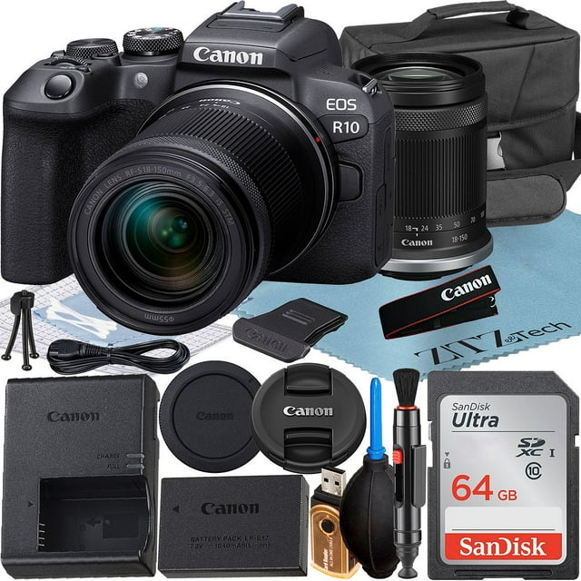 Canon EOS R10 Appareil Photo Sans Miroir avec Objectif RF-S 18-150mm + Carte Mémoire SanDisk 64 Go + Étui + Ensemble d'Accessoires ZeeTech