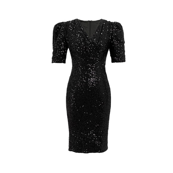 ZYHT 5799 Nouvelle Mode Robe de Soirée à Col en V à Manches Courtes pour Banquet Aguichant à Paillettes Scintillantes Brillante Fendue Moulante Robe de Fête Courte