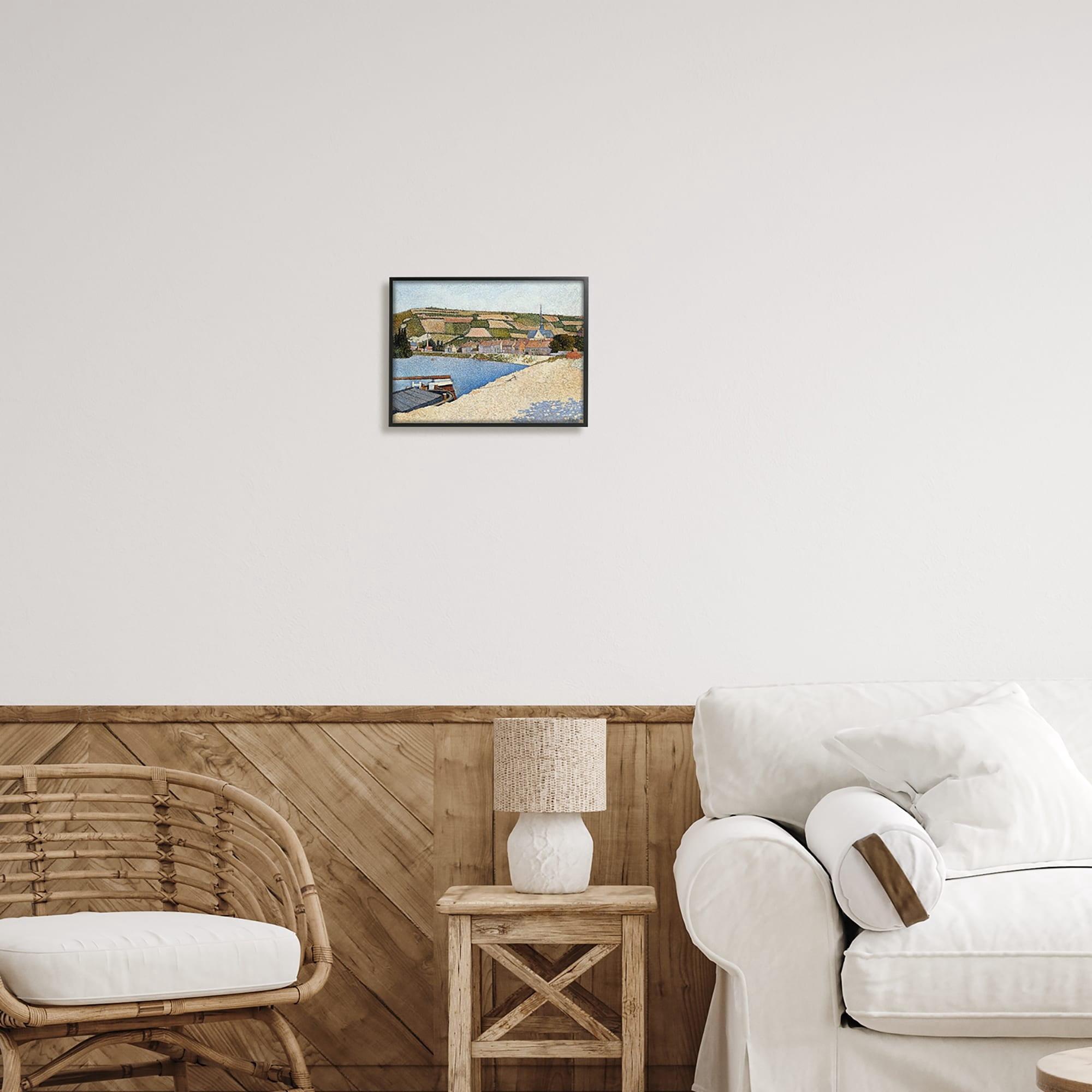 Stupell Industries Rural Waterside Town Boat Dock Distant Farmland Painting Black Framed Art Print Wall Art, Design by Lettered and Lined