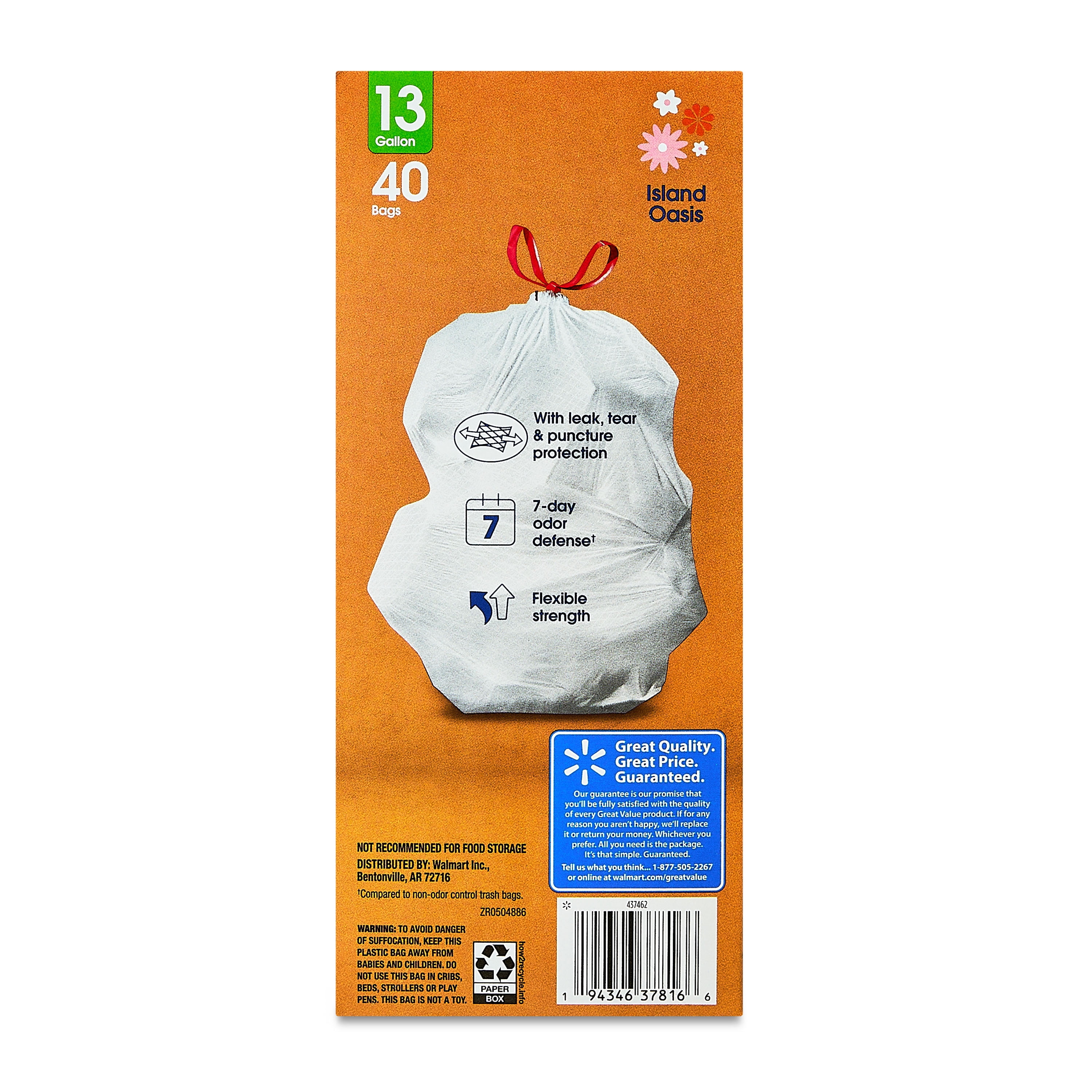Great Value Strong Flex 13-Gallon Drawstring Tall Kitchen Trash Bags, Island Oasis, 40 Count