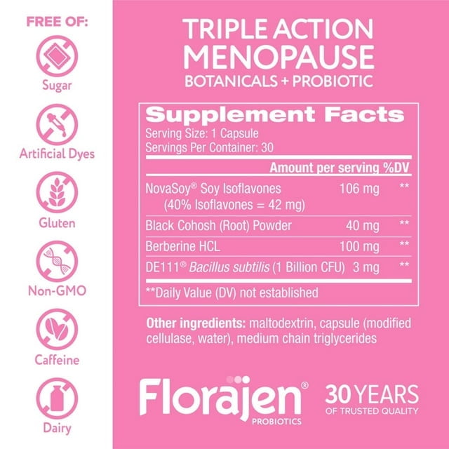 (2 pack) Florajen Women’s Menopause Support, Black Cohosh for Night Sweats & Gut Health, 30ct