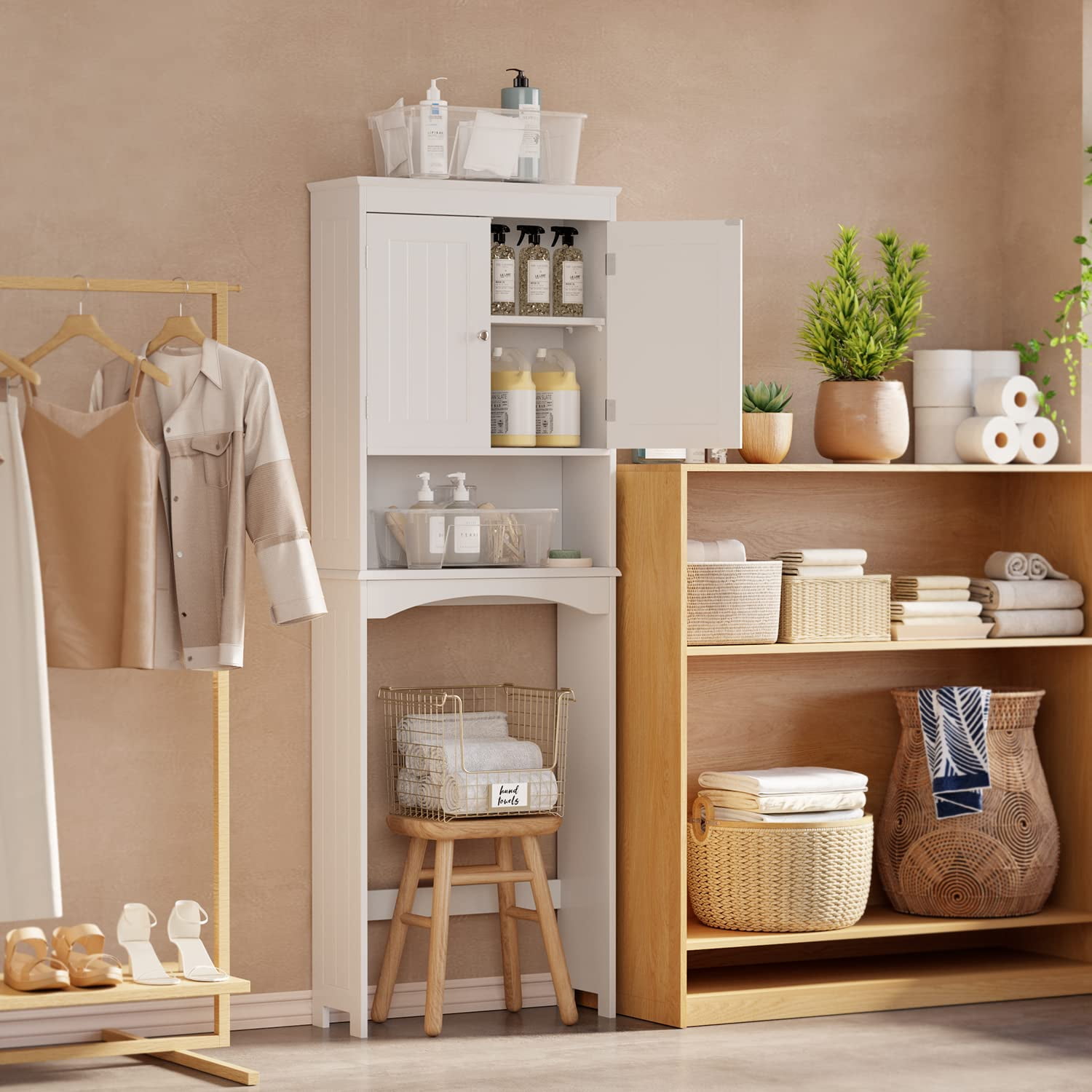 Over the Toilet Storage Cabinet - White Bathroom Shelf Organizer with Adjustable Shelf, Anti-Tip Device, Space-Saving Freestanding Design