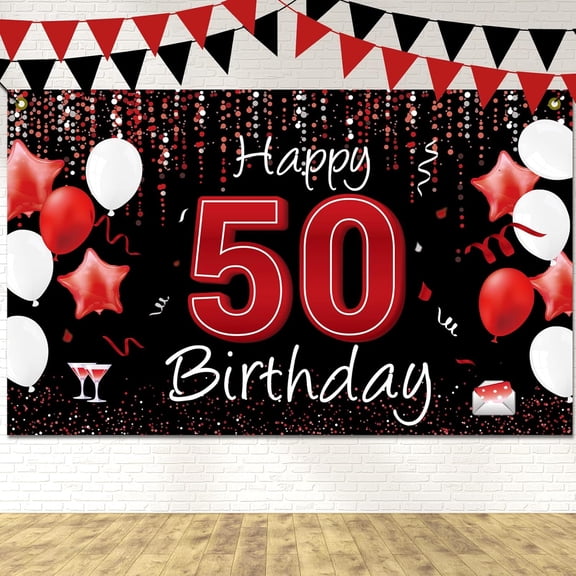 Happy 50th Birthday Yard Banner, Black and Red 50th Birthday Banner Decorations for Women / Men, Large 50th Birthday Backdrop, 50th Birthday Party Supplies Decoration for Outdoor Indoor