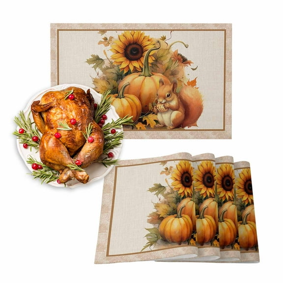 Fall Placemats Set of 6 Pumpkin Maple Leaf Place Mats Thanksgiving Placemat Sunflower Squirrel Table Mats for Dining Kitchen Table Holiday Dinner Party Home Fall Decorations 13x19 Inch