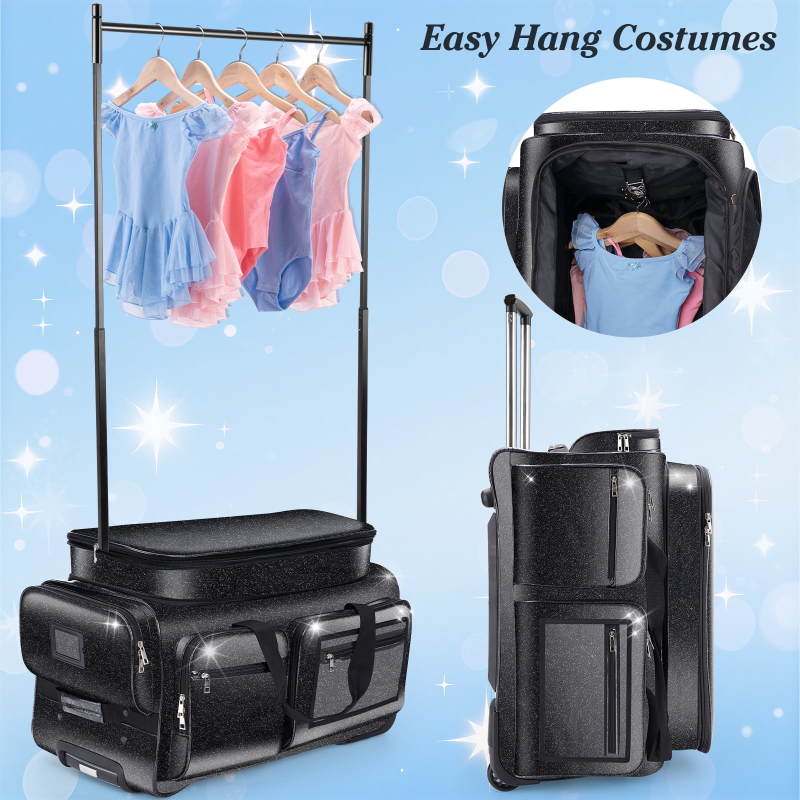 Dance Bag with Garment Rack, Glitter Black 28" Dance Competition Must Haves Competition Dance Bag with Rack, Costumes Rolling Garment Bags For Travel Collapsible Suitcase for Dancers Performers