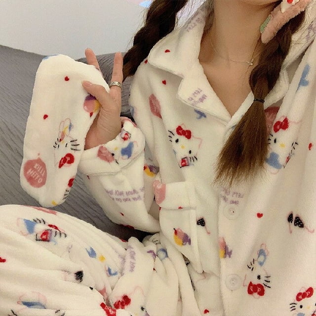 Pantalones de pijama Kawaii Sanrio Hello Kitty para mujer, ropa informal, pantalones gruesos de felpa suave, dibujos animados, negro, Y2K