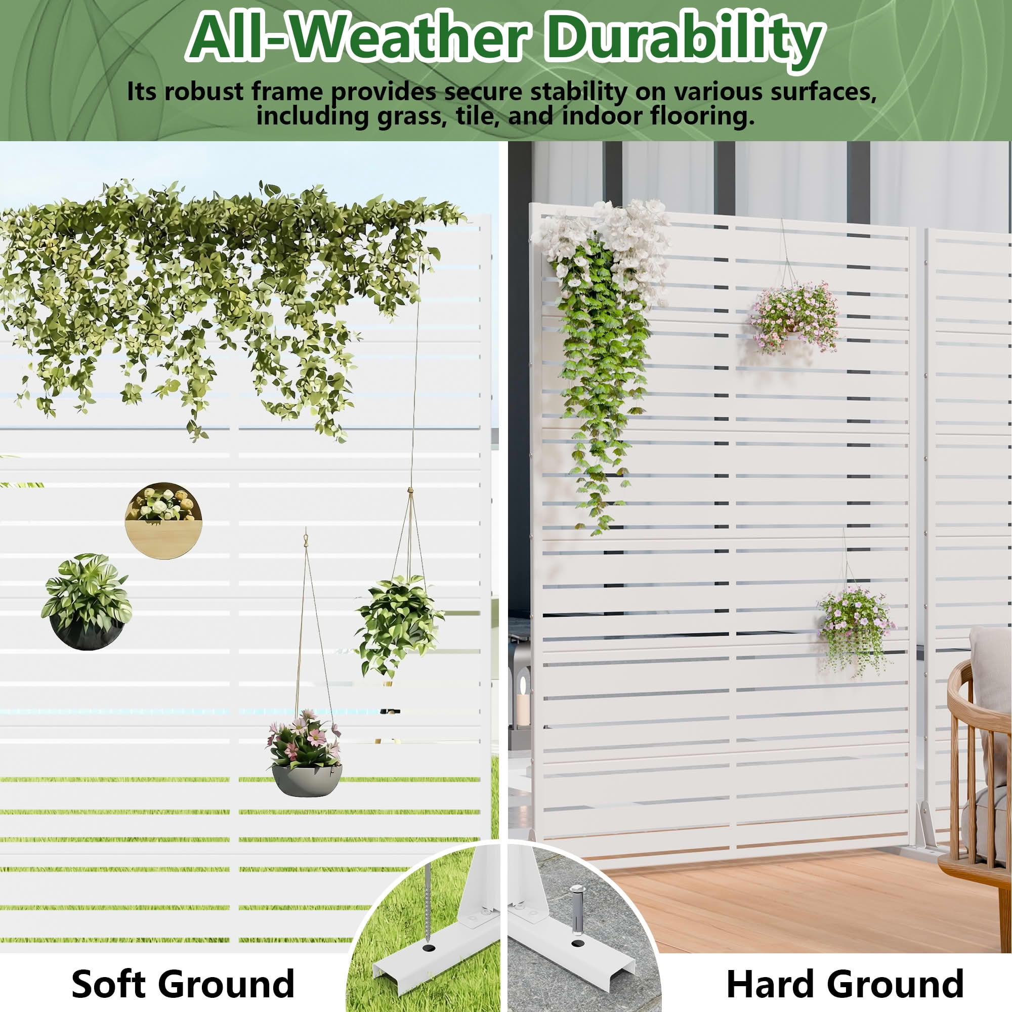 MAYEERTY 2-Piece 72"x47" Privacy Screen, White 6-Panel Galvanized Steel Louvered Fence, Wide-1 Narrow-2 Style, Freestanding for Patio Backyard