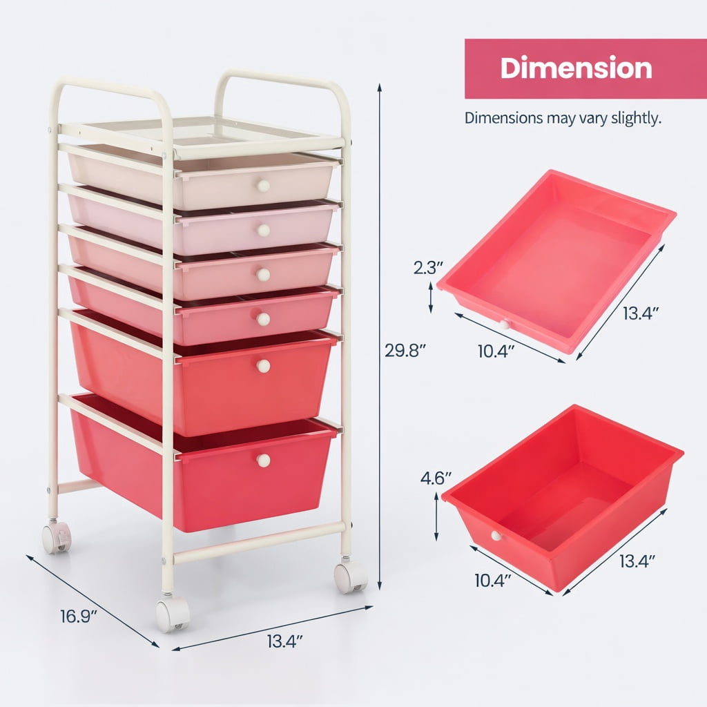 Spaco 6 Drawers Rolling Storage Cart Organizer-Pink, Craft Organizers and Storage, Multipurpose Organizer Cart for Home, Office, School