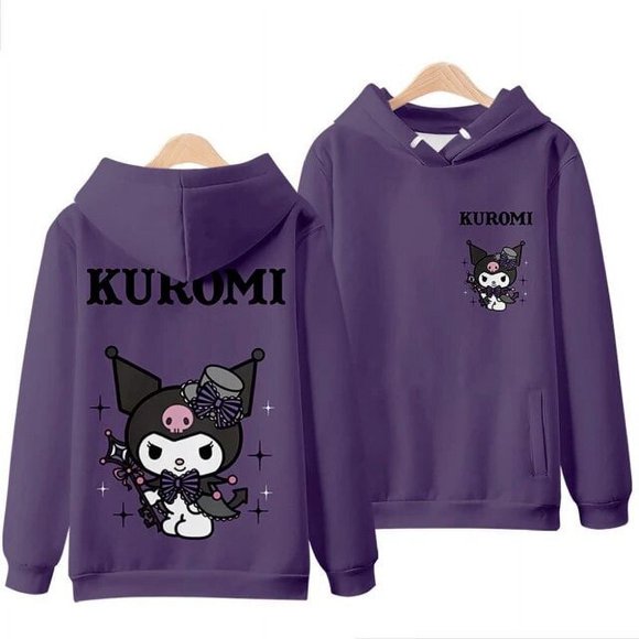 Sanrio Kuromi Cartoon Hooded Sweater Femme Automne Hiver Peluche à Manches Longues Chandail à Capuchon Y2k Filles Décontracté Noir Blanc Hauts Vêtements HOEMLIN