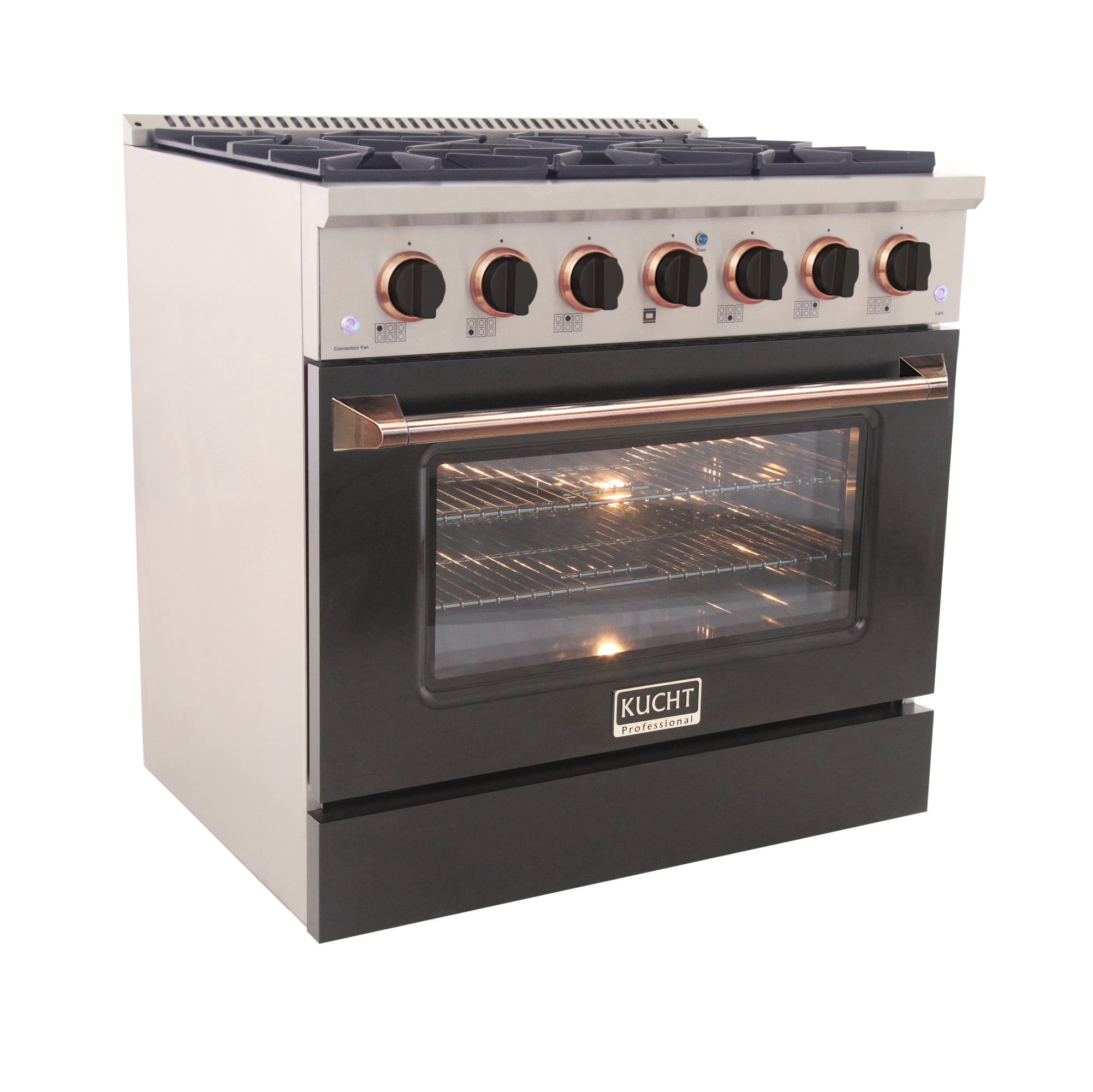 36 in. 5.2 cu. Dual Fuel Range for Natural Gas in Rose Gold Handle & Knob Rings.