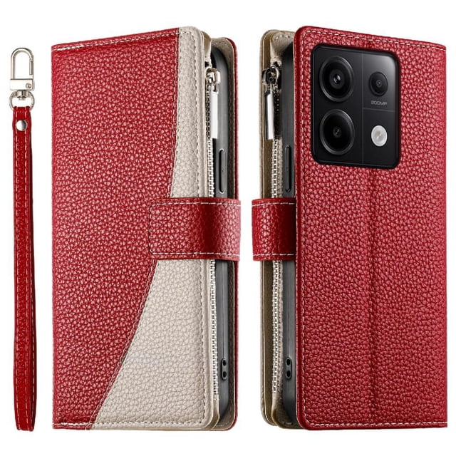 Funda cartera GANGXUN para Xiaomi Poco X6 5G , cuero PU con tarjetero, cremallera, correa de mano, soporte y protección 1217°