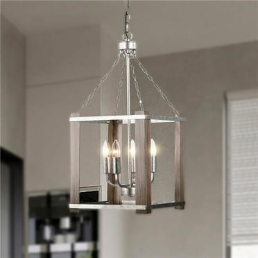 Jenus 13 in. 4-Light Indoor Rustic Silver and Faux Wood Grain Finish Chandelier with Light Kit